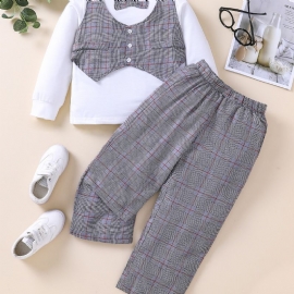 2 Stk Gutter Gingham Bow Sleeve Topp & Buksesett