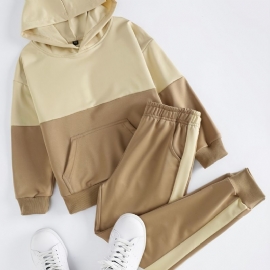 2 Stk Gutter Hette Colorblock Langermet Sweatshirt & Bukser Sett