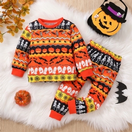 2 Stk Gutter Søt Halloween Print Pyjamas Sett Med Pullover Sweatshirt & Bukser For Party