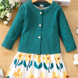 2 Stk Jente Langermet Ensfarget Cardigan & Flower Print Kjolesett