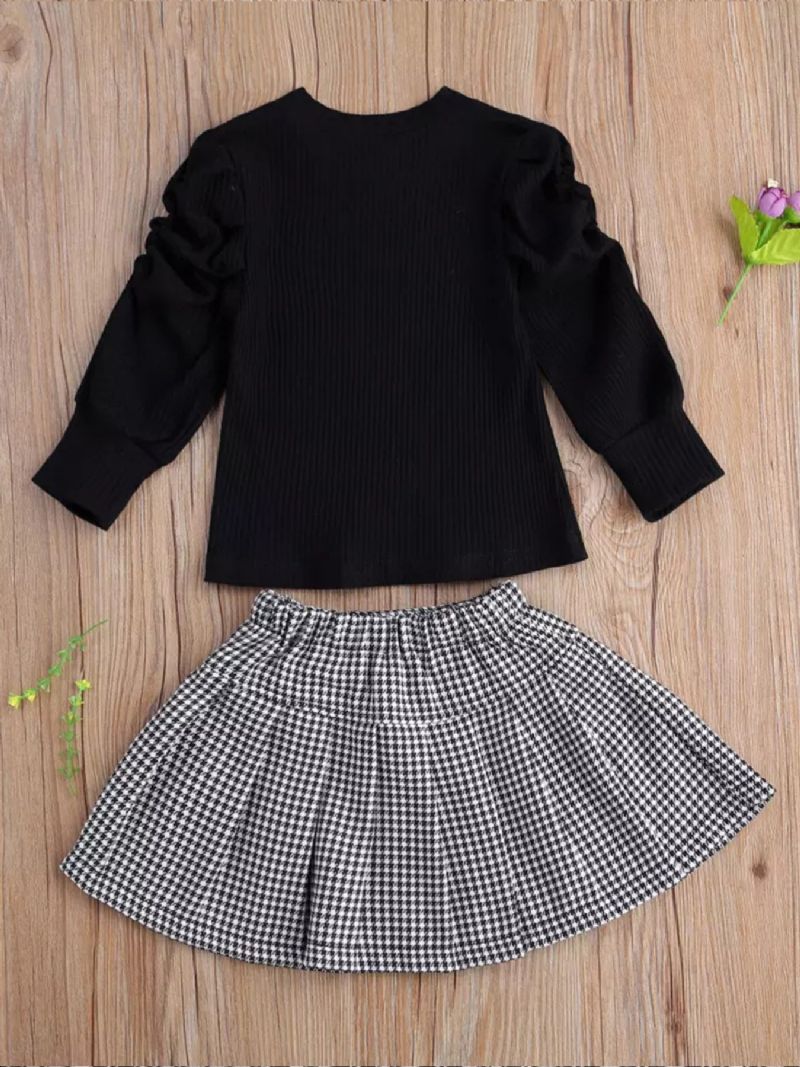 2 Stk Jentebaby Black Langermet Topp & Houndstooth Skjørtsett