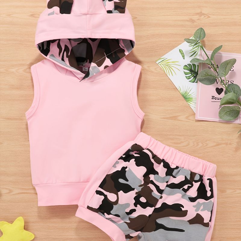 2 Stk Jentebaby Set Casual Colorblock Camouflage Print Ermeløs Hettegenser Og Elastiske Midjeshortssett