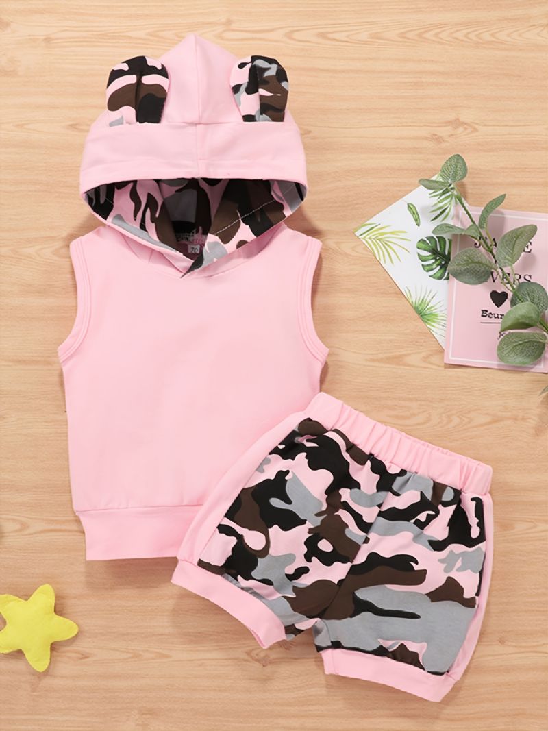 2 Stk Jentebaby Set Casual Colorblock Camouflage Print Ermeløs Hettegenser Og Elastiske Midjeshortssett