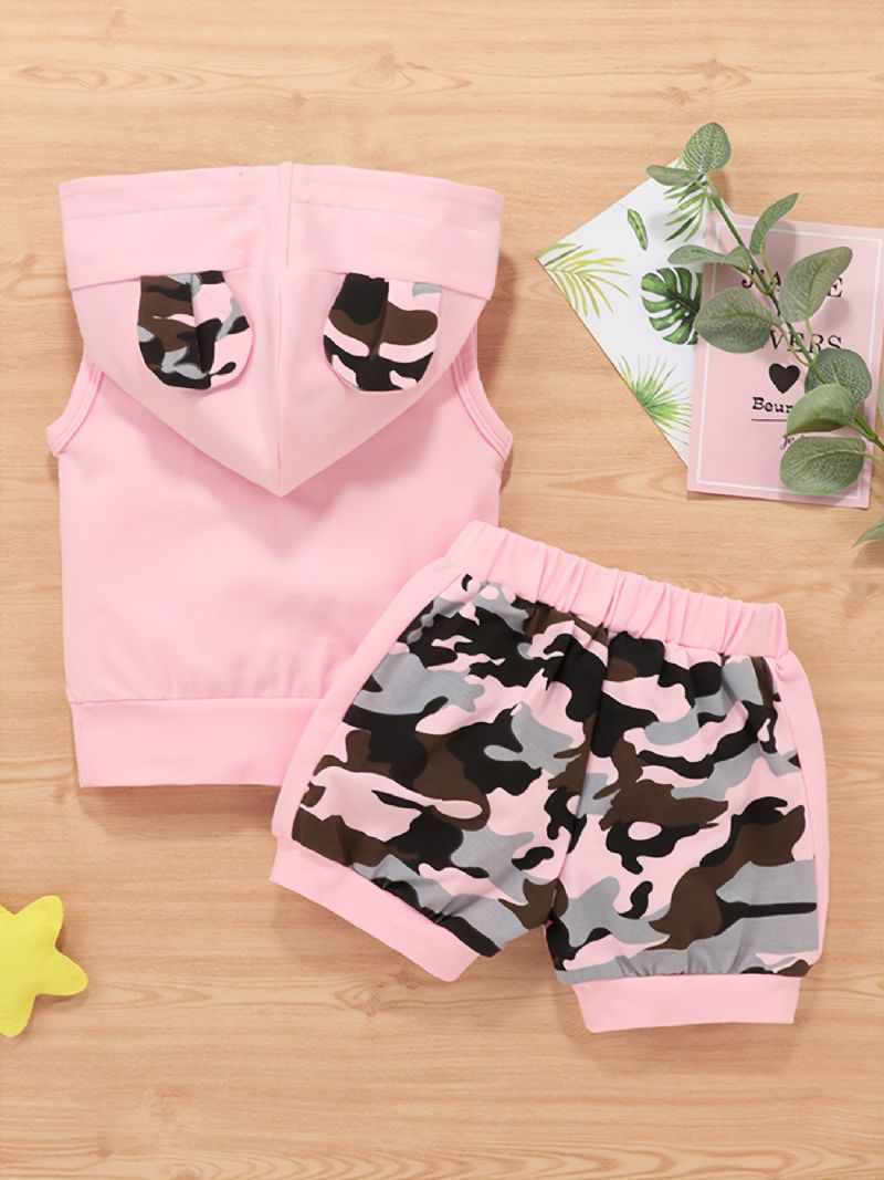 2 Stk Jentebaby Set Casual Colorblock Camouflage Print Ermeløs Hettegenser Og Elastiske Midjeshortssett