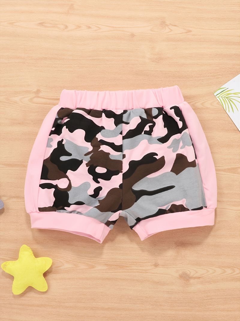 2 Stk Jentebaby Set Casual Colorblock Camouflage Print Ermeløs Hettegenser Og Elastiske Midjeshortssett