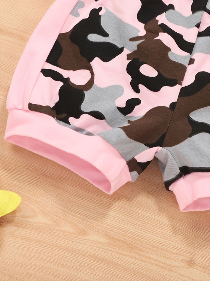 2 Stk Jentebaby Set Casual Colorblock Camouflage Print Ermeløs Hettegenser Og Elastiske Midjeshortssett