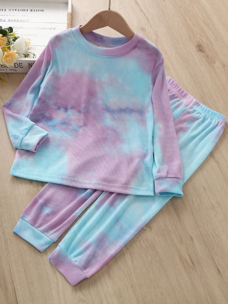 2 Stk Jenter Casual Tie Dye Langermet Rundhals Topper Og Buksesett Barneklær