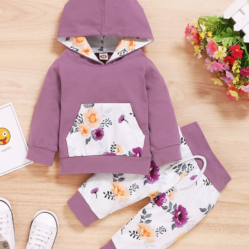 2 Stk Jenter Floral Hette Lomme Langermet Sweatshirt Set