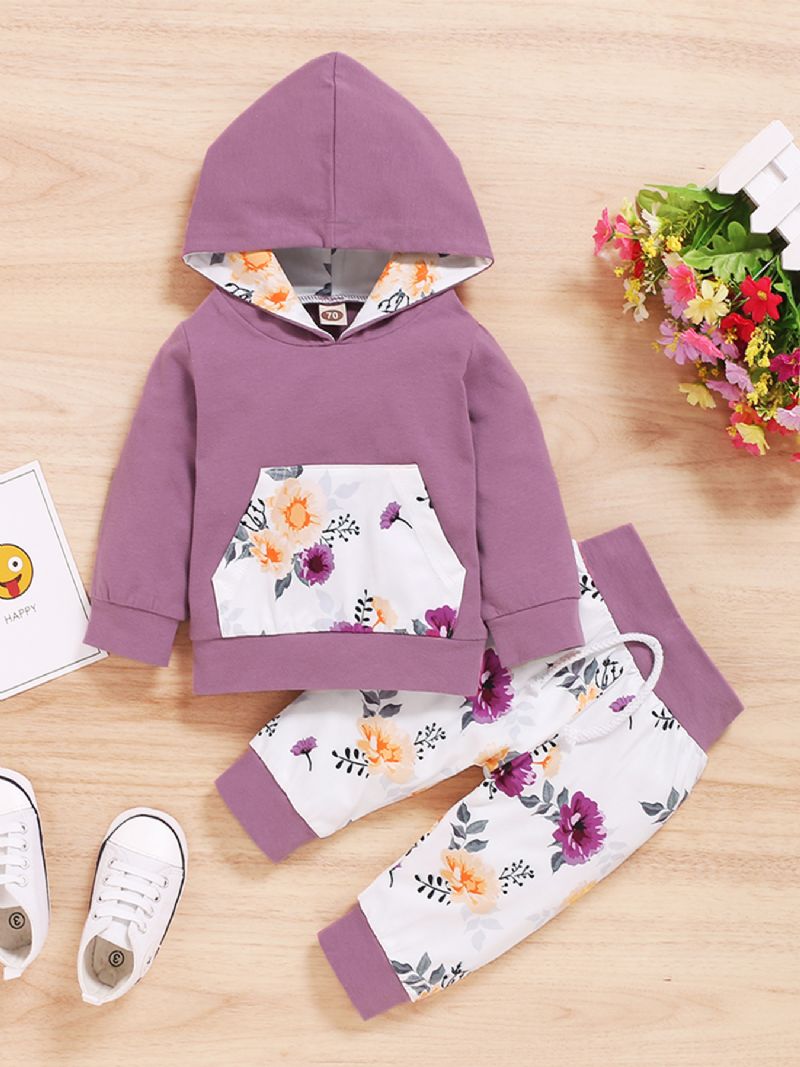 2 Stk Jenter Floral Hette Lomme Langermet Sweatshirt Set