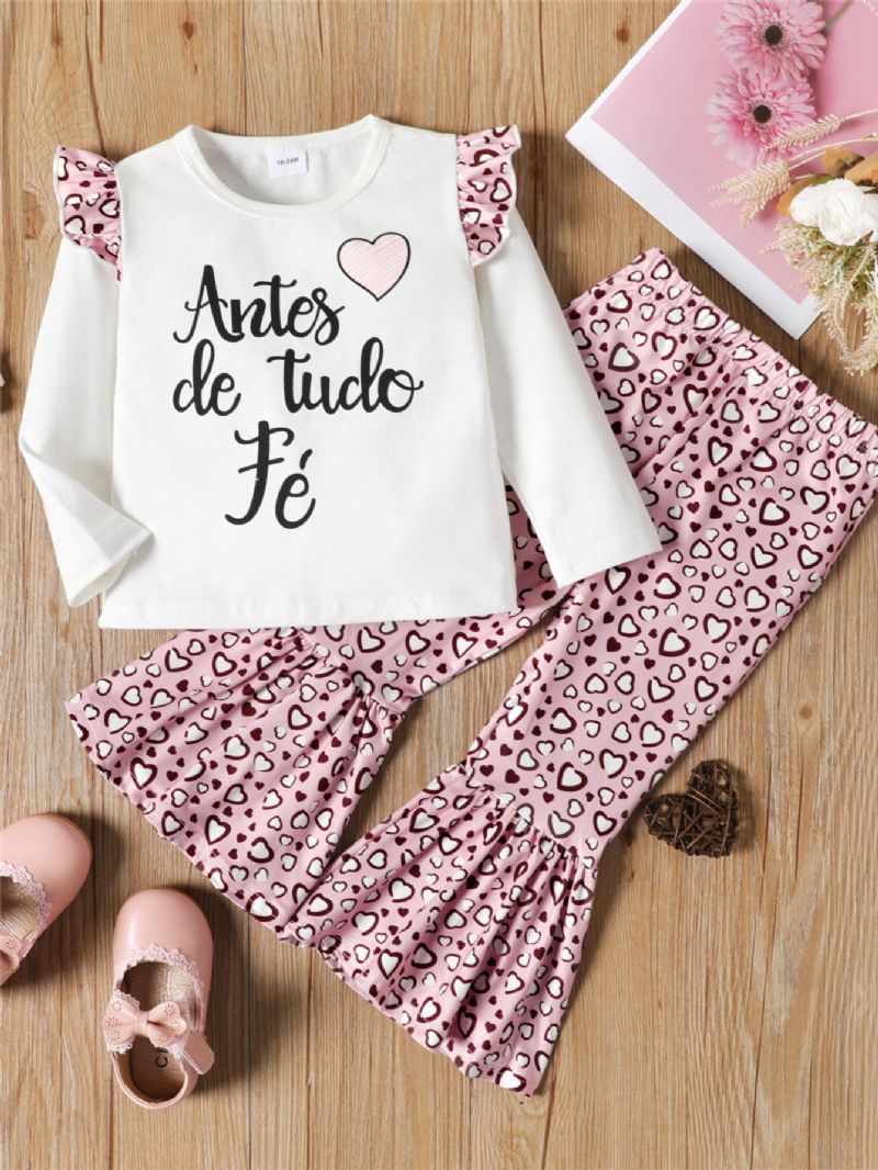 2 Stk Jenter Letter Print Langermet Rosa Leopardbuksesett