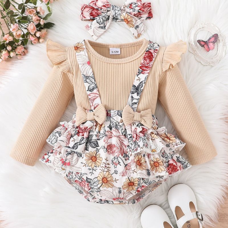 2 Stk Nyfødt Spedbarn Baby Jente Blomster Sløyfe Romper Langermet Ribbet Bodysuit Ruffle Tutu Skjørtsett Pannebånd Sommerklær