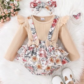 2 Stk Nyfødt Spedbarn Baby Jente Blomster Sløyfe Romper Langermet Ribbet Bodysuit Ruffle Tutu Skjørtsett Pannebånd Sommerklær