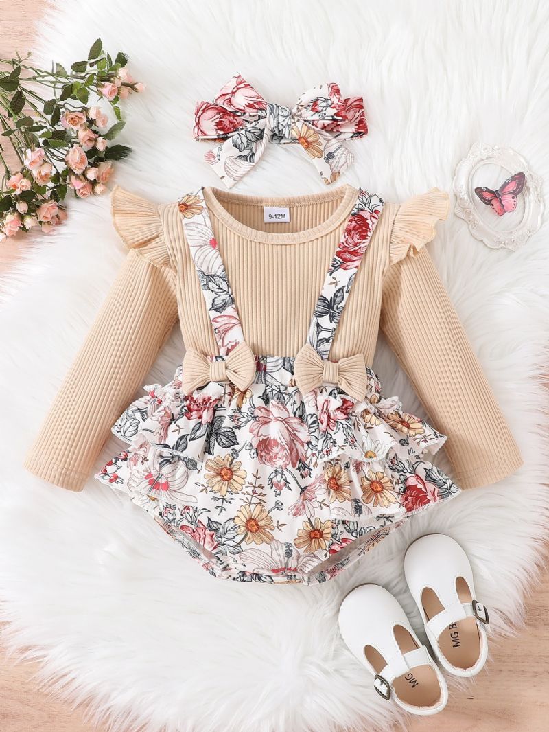 2 Stk Nyfødt Spedbarn Baby Jente Blomster Sløyfe Romper Langermet Ribbet Bodysuit Ruffle Tutu Skjørtsett Pannebånd Sommerklær