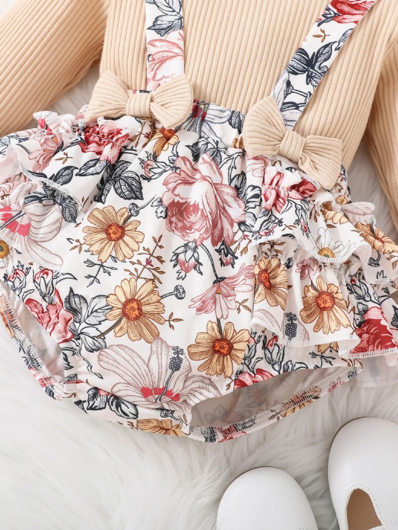 2 Stk Nyfødt Spedbarn Baby Jente Blomster Sløyfe Romper Langermet Ribbet Bodysuit Ruffle Tutu Skjørtsett Pannebånd Sommerklær