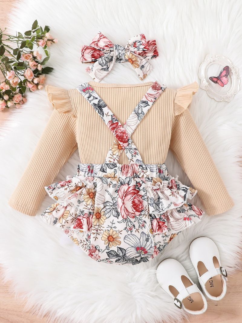 2 Stk Nyfødt Spedbarn Baby Jente Blomster Sløyfe Romper Langermet Ribbet Bodysuit Ruffle Tutu Skjørtsett Pannebånd Sommerklær