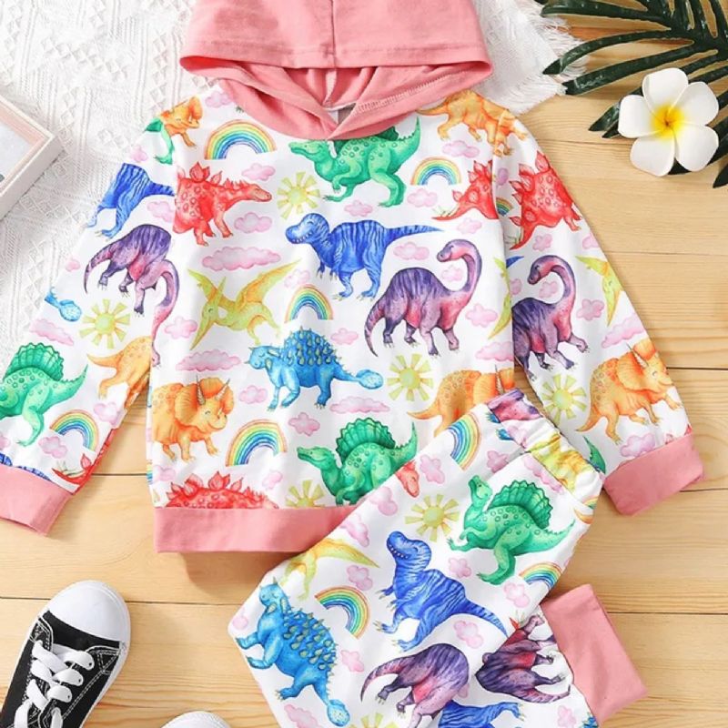 2 Stk Småbarn Jenter Langermet Hette Dinosaur Print Fargerike Sweatshirt & Bukser Sett