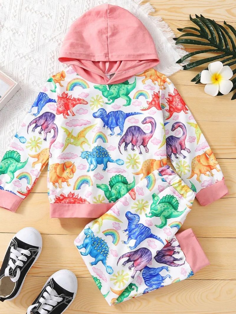 2 Stk Småbarn Jenter Langermet Hette Dinosaur Print Fargerike Sweatshirt & Bukser Sett