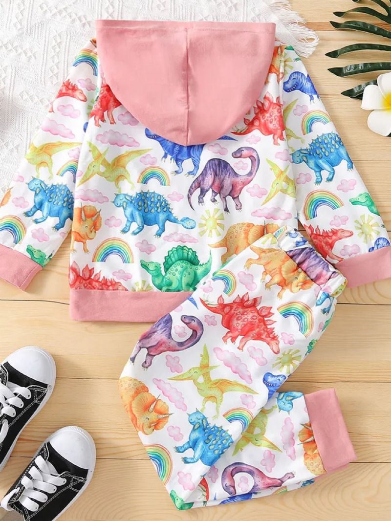 2 Stk Småbarn Jenter Langermet Hette Dinosaur Print Fargerike Sweatshirt & Bukser Sett