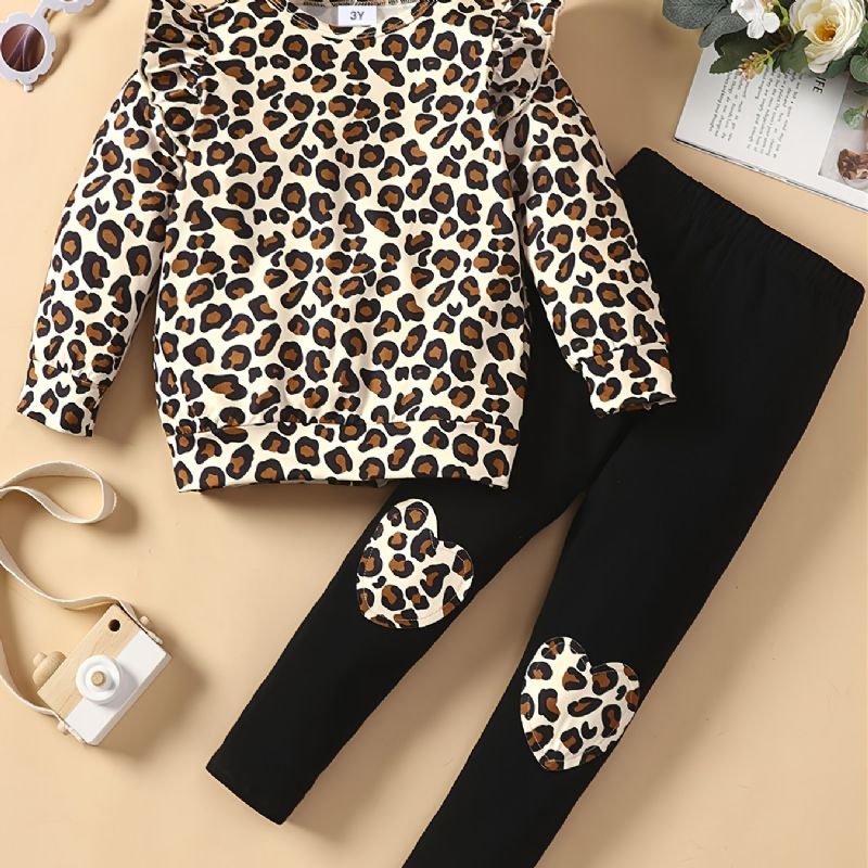 2 Stk Småbarn Jentesett Høst Og Vinter Nye Leopard Solid Topp & Patchwork Leopardbuksesett