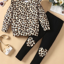 2 Stk Småbarn Jentesett Høst Og Vinter Nye Leopard Solid Topp & Patchwork Leopardbuksesett