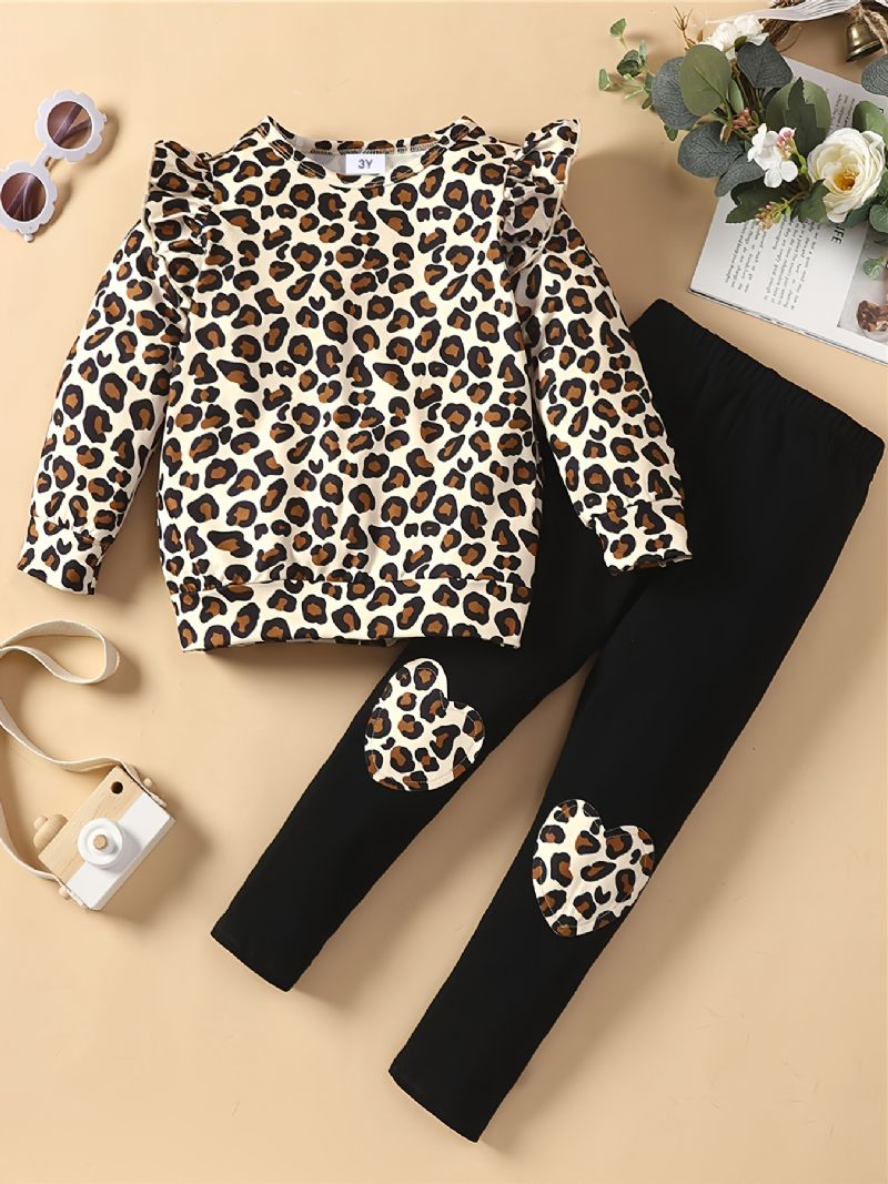 2 Stk Småbarn Jentesett Høst Og Vinter Nye Leopard Solid Topp & Patchwork Leopardbuksesett