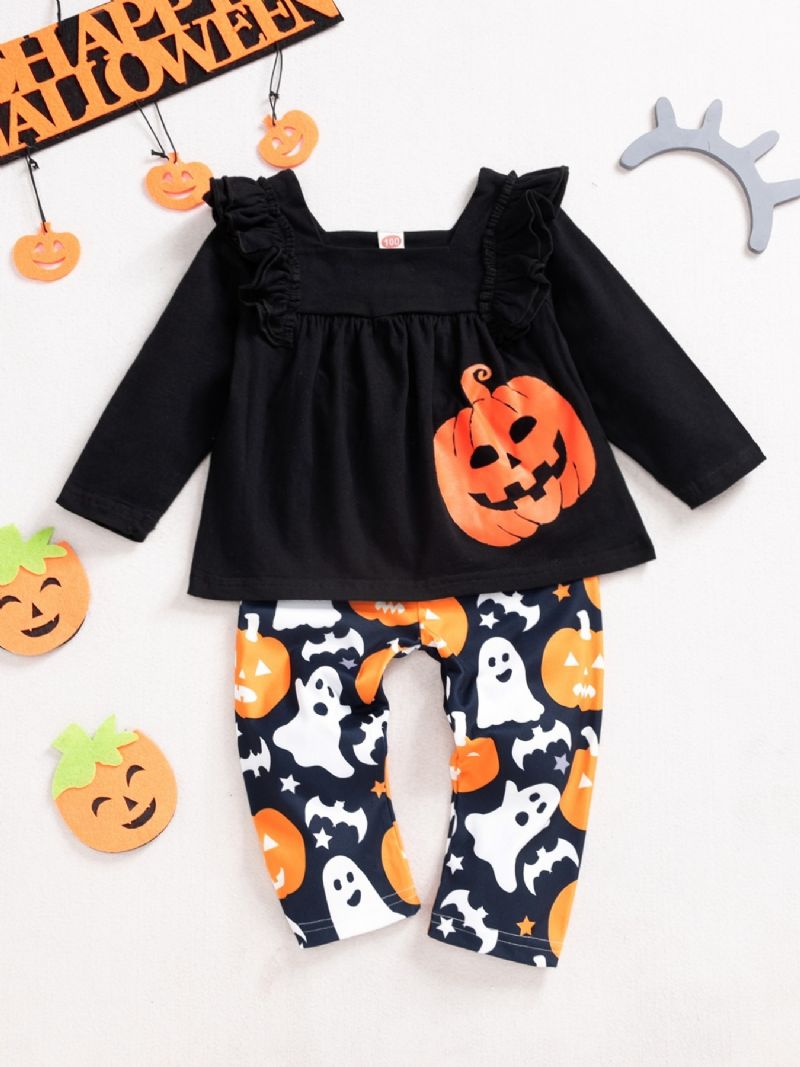 2ps Jenter Halloween Black Pumpkin Top & Ghost Pants Set