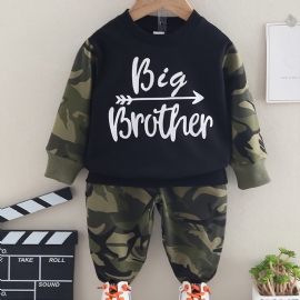 2stk Baby Gutter Brev Kamuflasje Print Pullover Rund Hals Langermet Sweatshirt & Buksesett