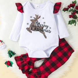 2stk Baby Jenter Christmas Langermet Romper Plaid Flared Bukser