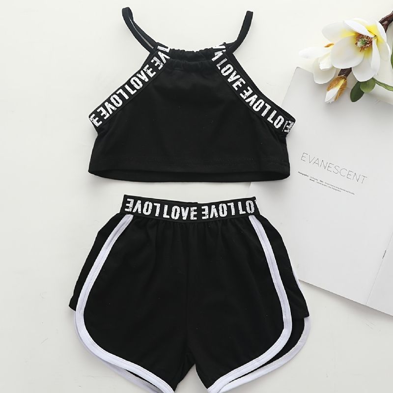 2stk Baby Jenter Letter Print Crop Cami Topp & Shorts Sett Barneklær