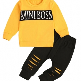 2stk Gutter Casual Sett Med Mini Boss Print Active Pullover Sweatshirt & Ripped Sweatpants Til Vinter