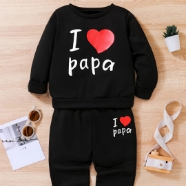2stk Gutter Causal Active Set With I Love Papa Print Pullover Sweatshirt & Sweatpants For Winter