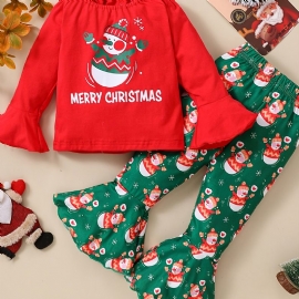 2stk Jenter Christmas Snowman Top & Flared Buksesett Vintersett