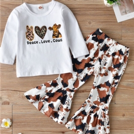 2stk Jenter Peace Love Cows Langermede Topper & Cow Print Flared Pants Set