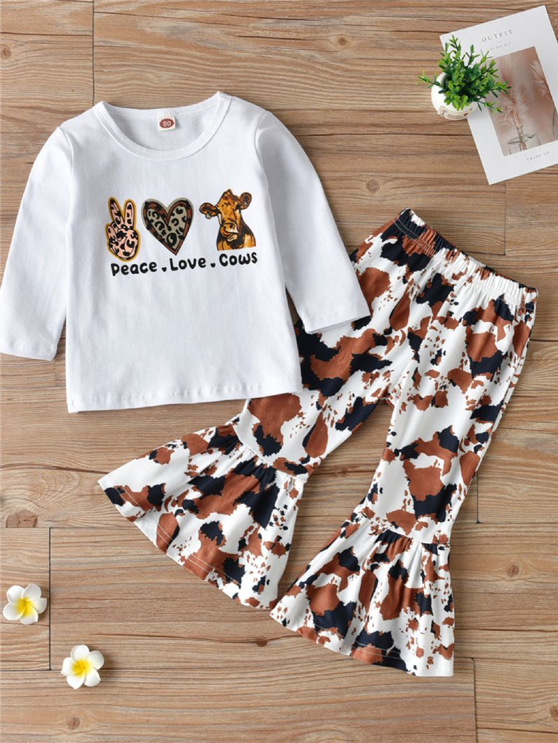 2stk Jenter Peace Love Cows Langermede Topper & Cow Print Flared Pants Set