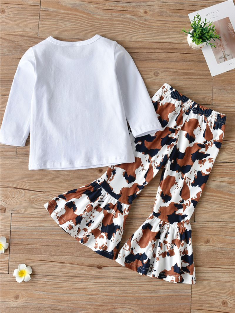 2stk Jenter Peace Love Cows Langermede Topper & Cow Print Flared Pants Set