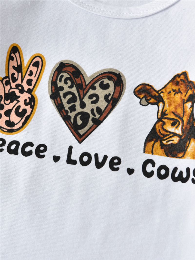 2stk Jenter Peace Love Cows Langermede Topper & Cow Print Flared Pants Set