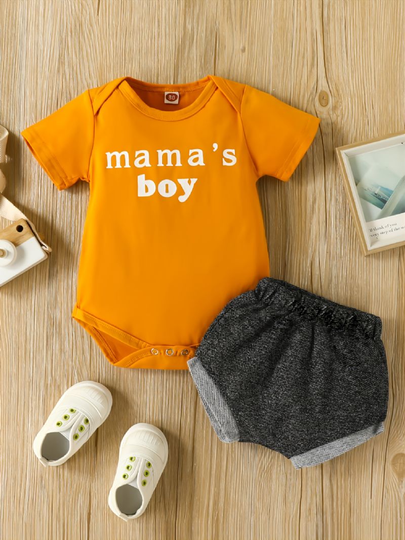 2stk Mamas Gutter Letter Print Kortermet T-skjorte Ruffle Shorts Baby Sett