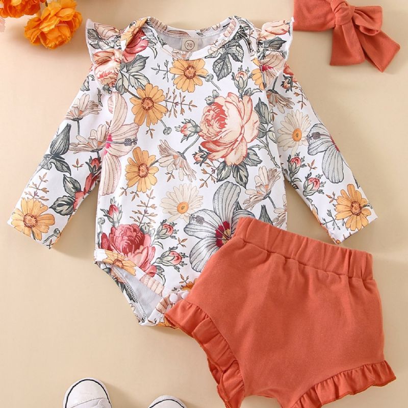 2stk Søt Jenter Rullesett Med Ruffled Blomster Print Romper & Shorts Sett