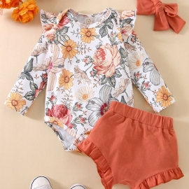 2stk Søt Jenter Rullesett Med Ruffled Blomster Print Romper & Shorts Sett