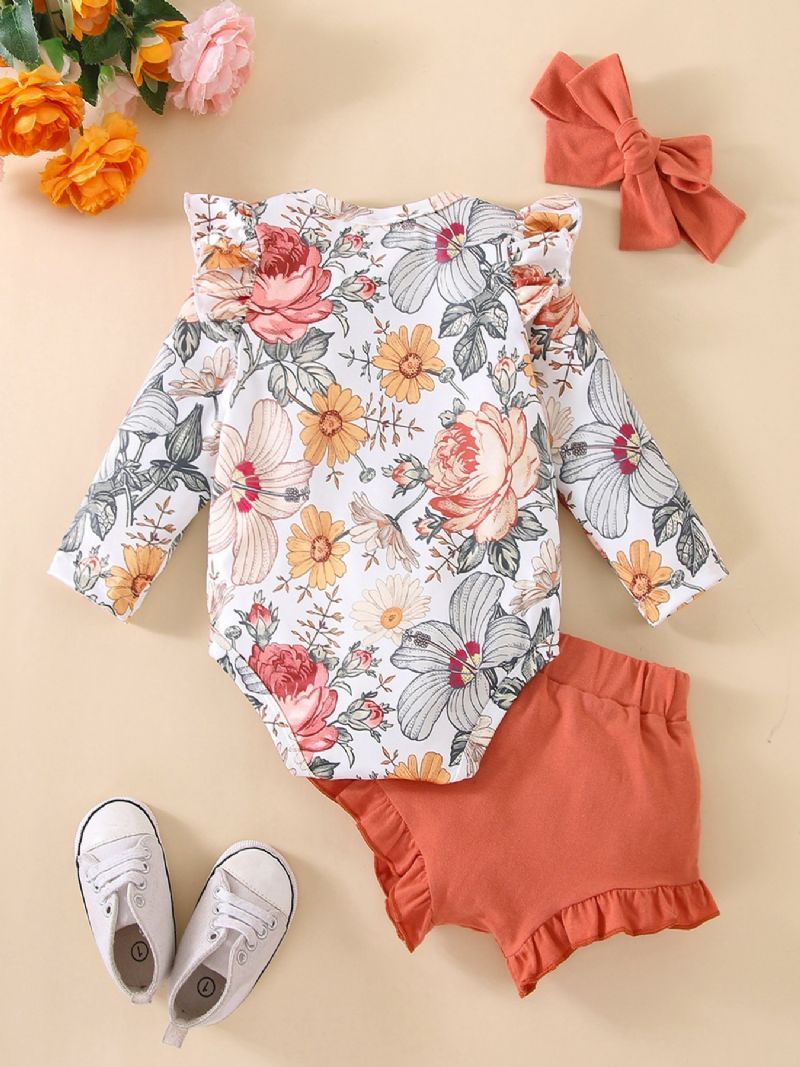 2stk Søt Jenter Rullesett Med Ruffled Blomster Print Romper & Shorts Sett