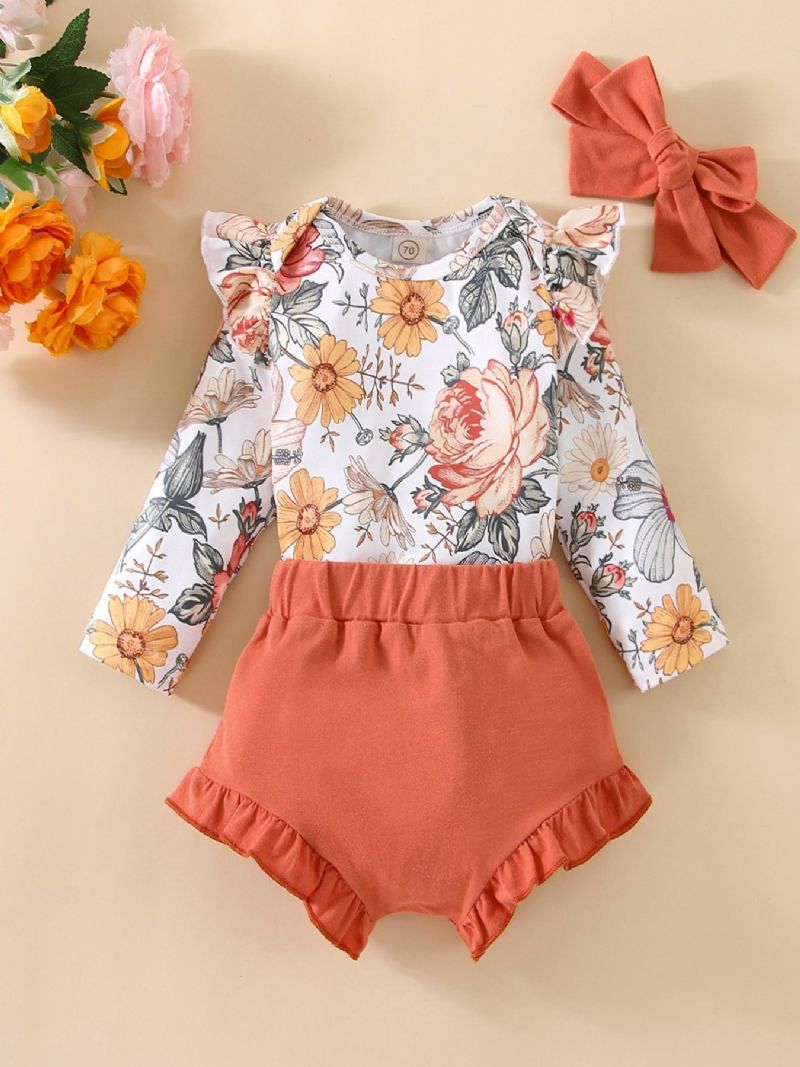 2stk Søt Jenter Rullesett Med Ruffled Blomster Print Romper & Shorts Sett