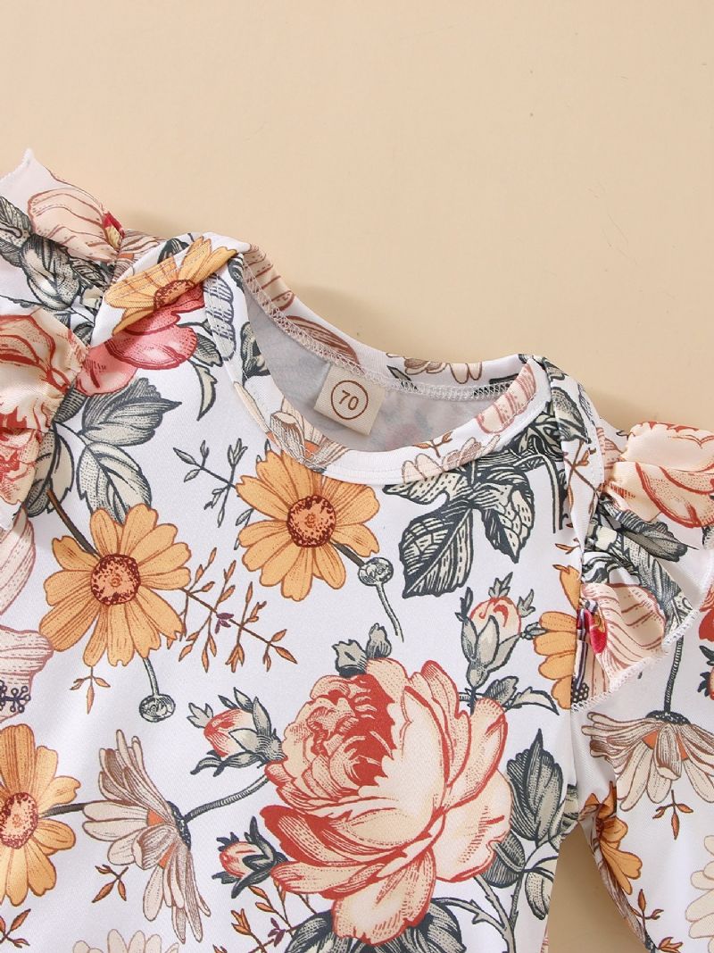 2stk Søt Jenter Rullesett Med Ruffled Blomster Print Romper & Shorts Sett