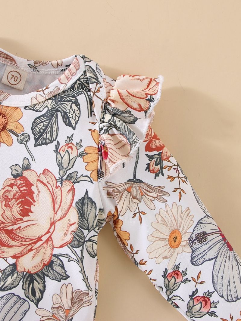 2stk Søt Jenter Rullesett Med Ruffled Blomster Print Romper & Shorts Sett