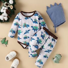 3 Stk Baby Gutter Dinosaur Print Langermet Topp & Bukser & Hat