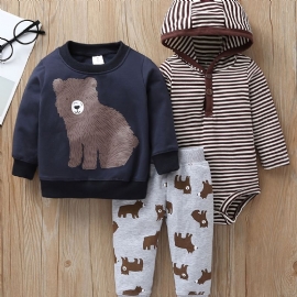 3 Stk Baby Gutter Hette Bjørn Print Bodysuit & Sweatshirt & Bukser Sett For Høst Vinter Ny