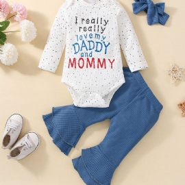 3 Stk Baby Jenter Alphabet Print Langermet Bodysuit & Flared Bukser Sløyfesett