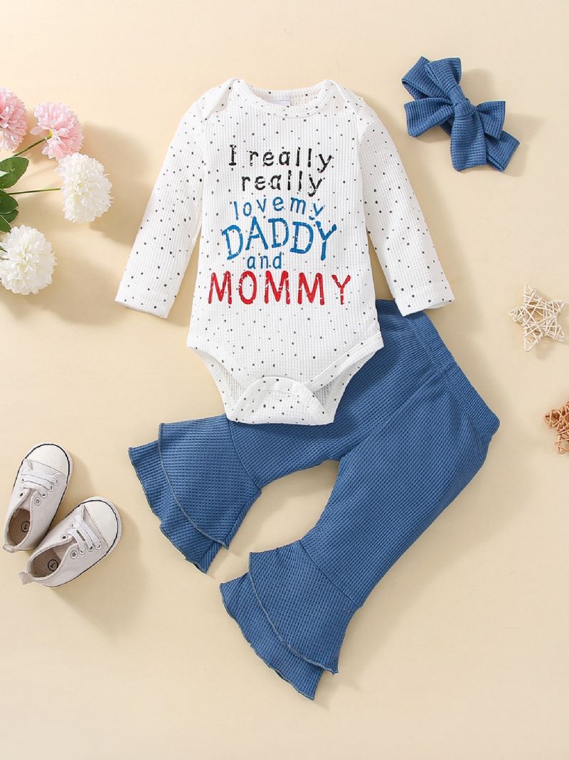 3 Stk Baby Jenter Alphabet Print Langermet Bodysuit & Flared Bukser Sløyfesett