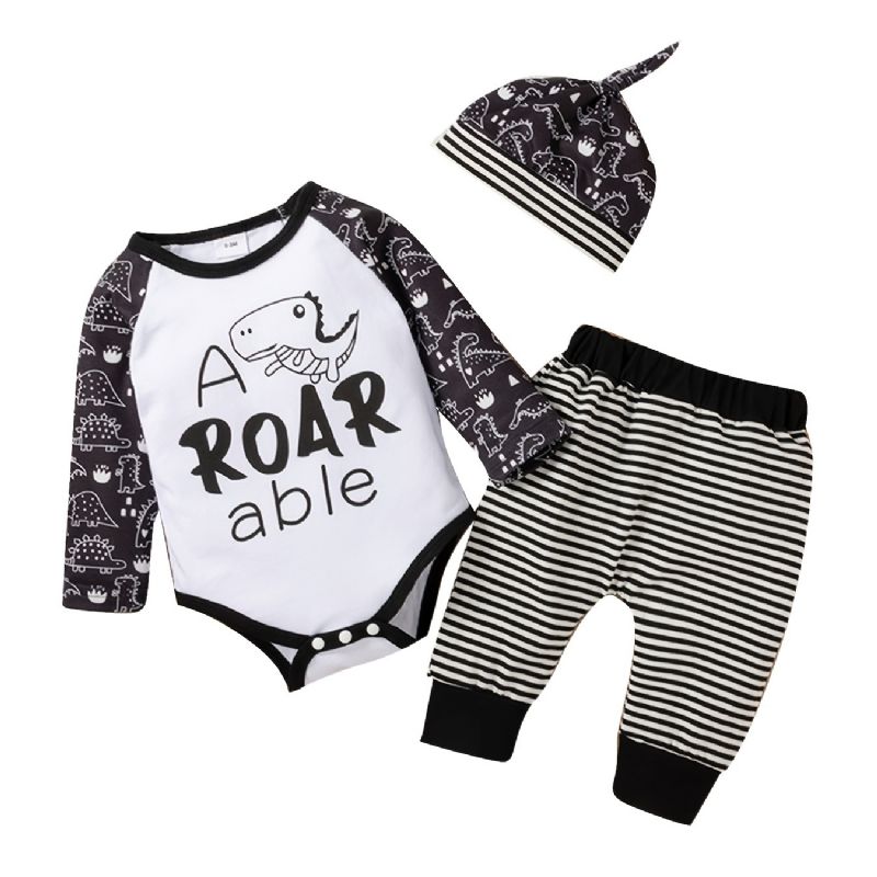 3 Stk Baby Romper Letter Dinosaur Print Langermet Bodysuit & Stripete Bukser & Hattesett Jenter Gutter Barneklær