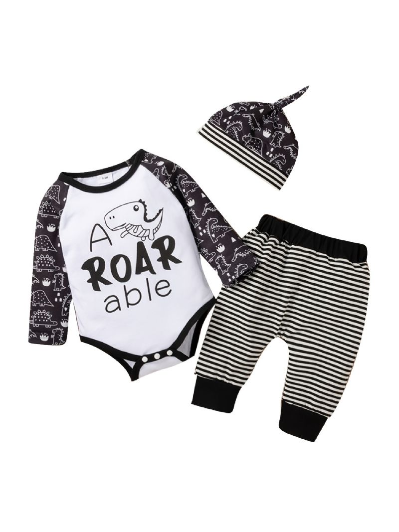 3 Stk Baby Romper Letter Dinosaur Print Langermet Bodysuit & Stripete Bukser & Hattesett Jenter Gutter Barneklær