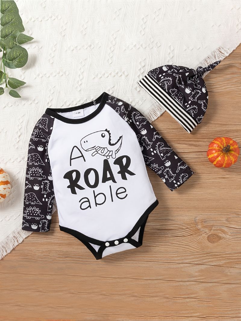 3 Stk Baby Romper Letter Dinosaur Print Langermet Bodysuit & Stripete Bukser & Hattesett Jenter Gutter Barneklær